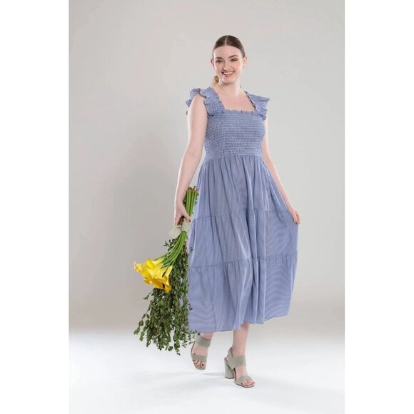 London Times NEW Women's Gingham Smocked Top Midi Dress Blue Size Medium - Picture 11 of 11